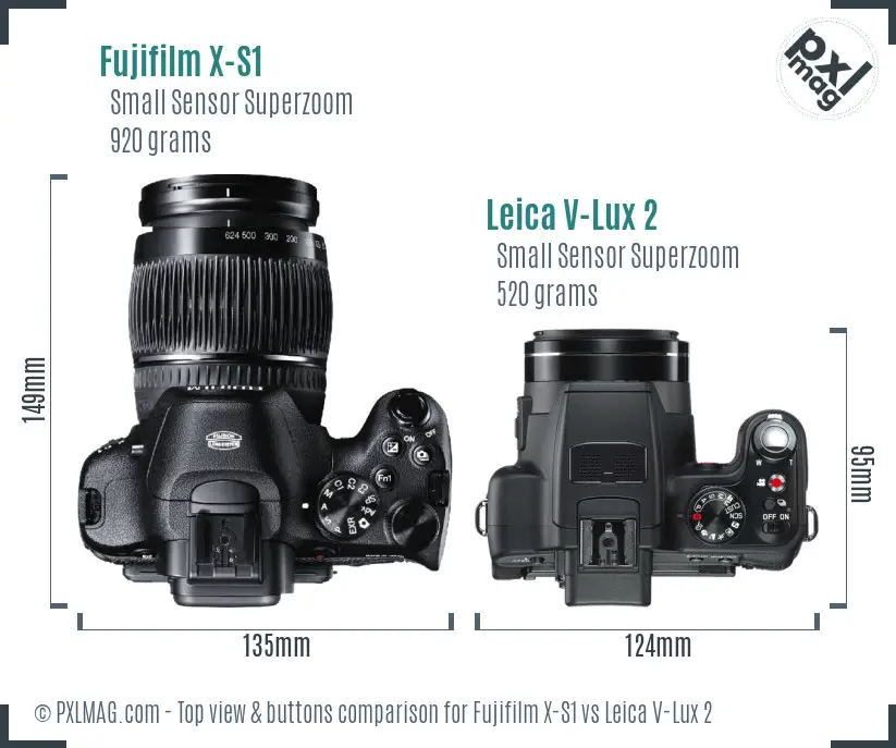 Fujifilm X-S1 vs Leica V-Lux 2 top view buttons comparison Fujifilm X-S1 vs Leica V-Lux 2 top view buttons comparison