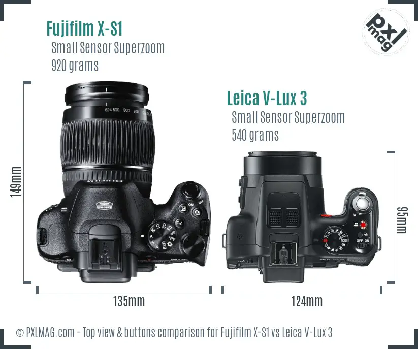 Fujifilm X-S1 vs Leica V-Lux 3 top view buttons comparison
