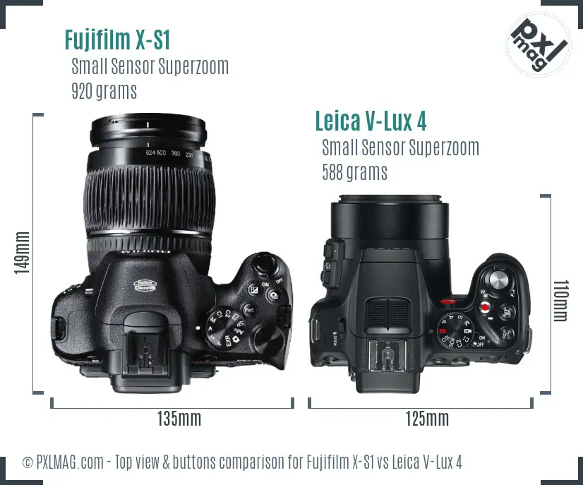 Fujifilm X-S1 vs Leica V-Lux 4 top view buttons comparison