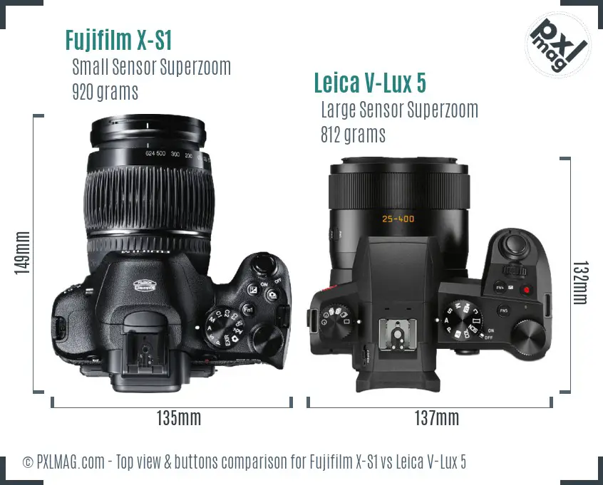 Fujifilm X-S1 vs Leica V-Lux 5 top view buttons comparison