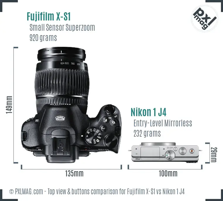 Fujifilm X-S1 vs Nikon 1 J4 top view buttons comparison