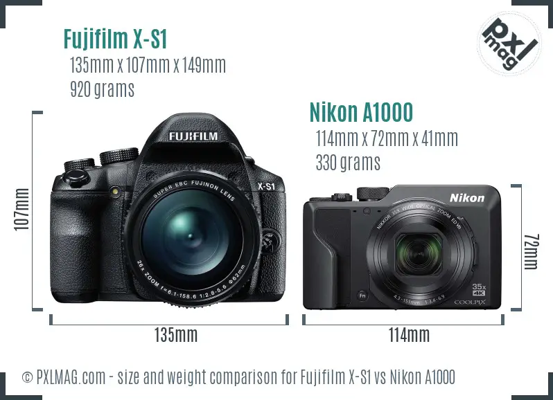 Fujifilm X-S1 vs Nikon A1000 size comparison