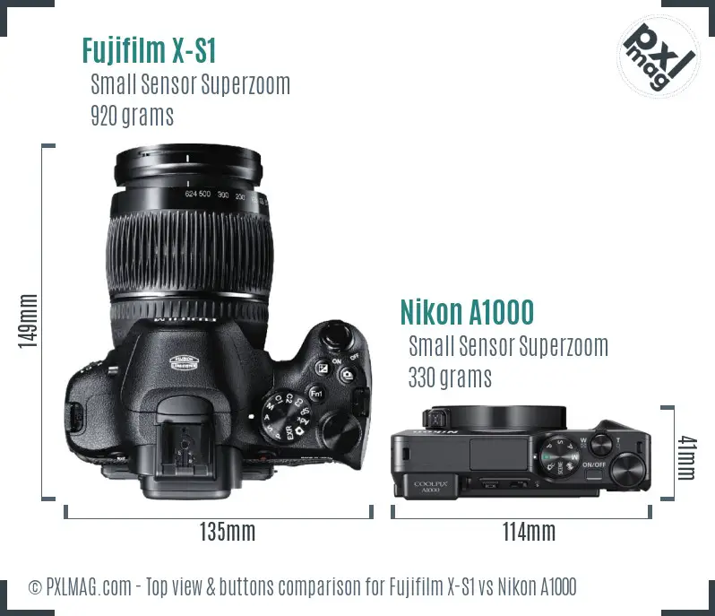 Fujifilm X-S1 vs Nikon A1000 top view buttons comparison