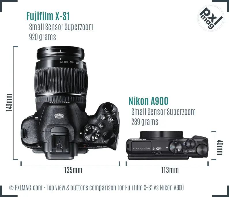 Fujifilm X-S1 vs Nikon A900 top view buttons comparison