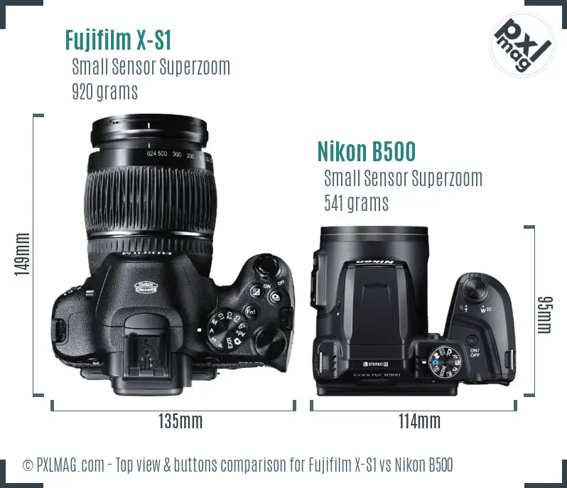 Fujifilm X-S1 vs Nikon B500 top view buttons comparison