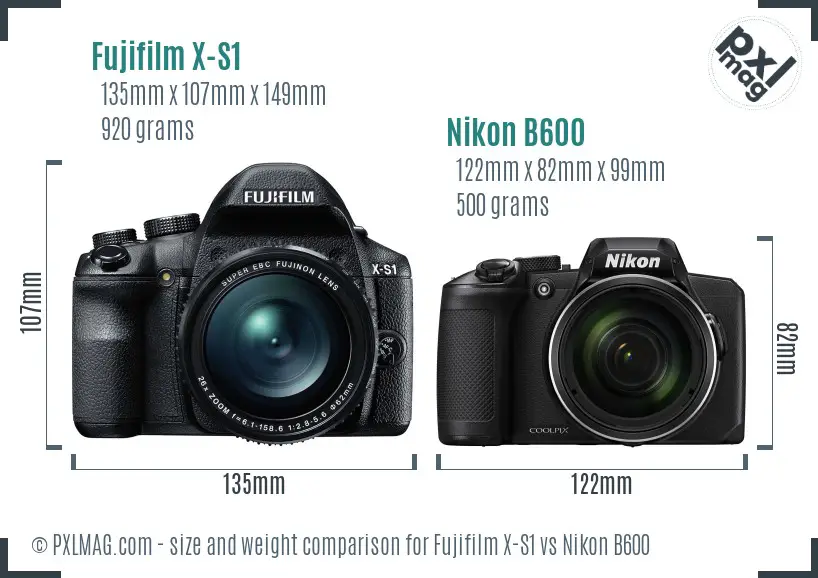 Fujifilm X-S1 vs Nikon B600 size comparison