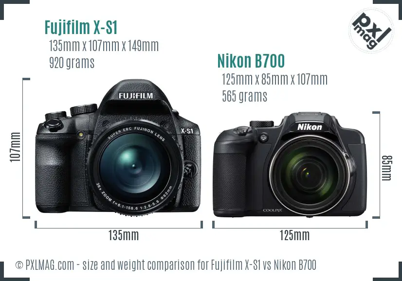 Fujifilm X-S1 vs Nikon B700 size comparison