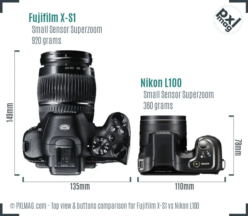 Fujifilm X-S1 vs Nikon L100 top view buttons comparison Fujifilm X-S1 vs Nikon L100 top view buttons comparison