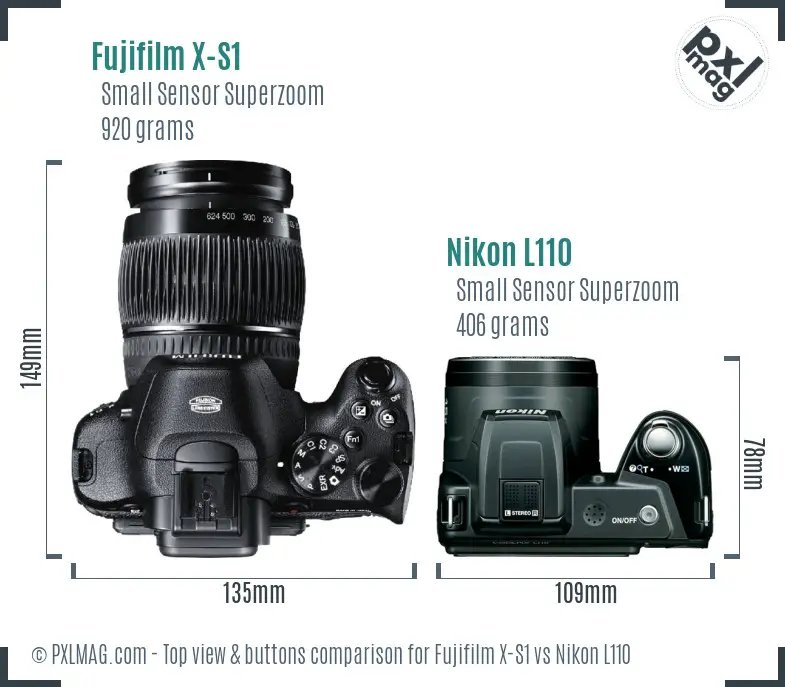 Fujifilm X-S1 vs Nikon L110 top view buttons comparison