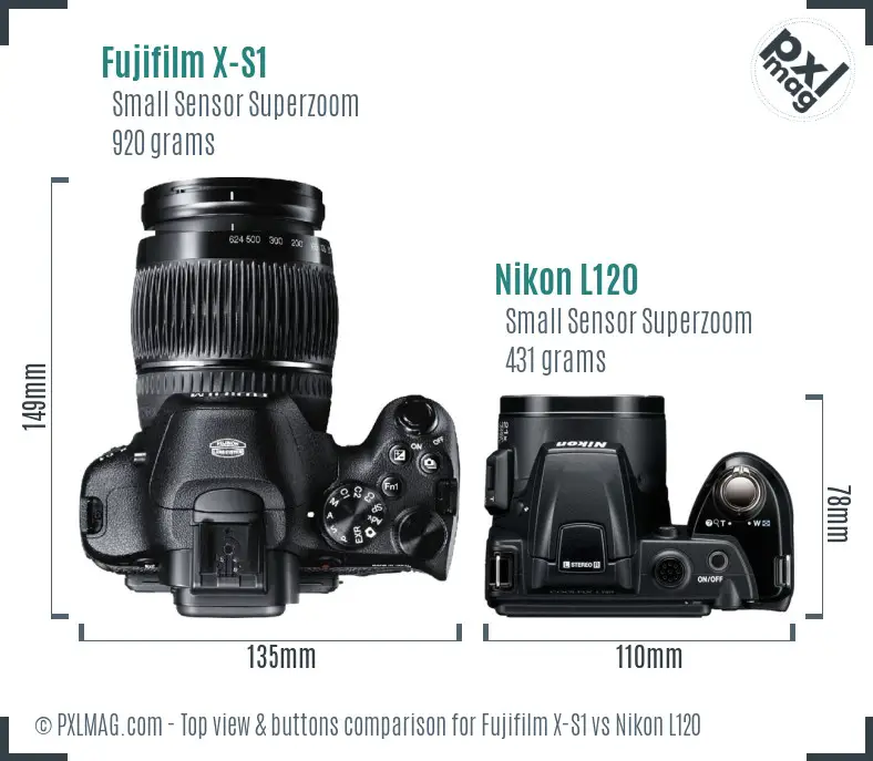 Fujifilm X-S1 vs Nikon L120 top view buttons comparison