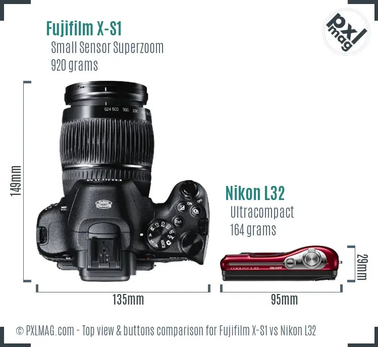 Fujifilm X-S1 vs Nikon L32 top view buttons comparison