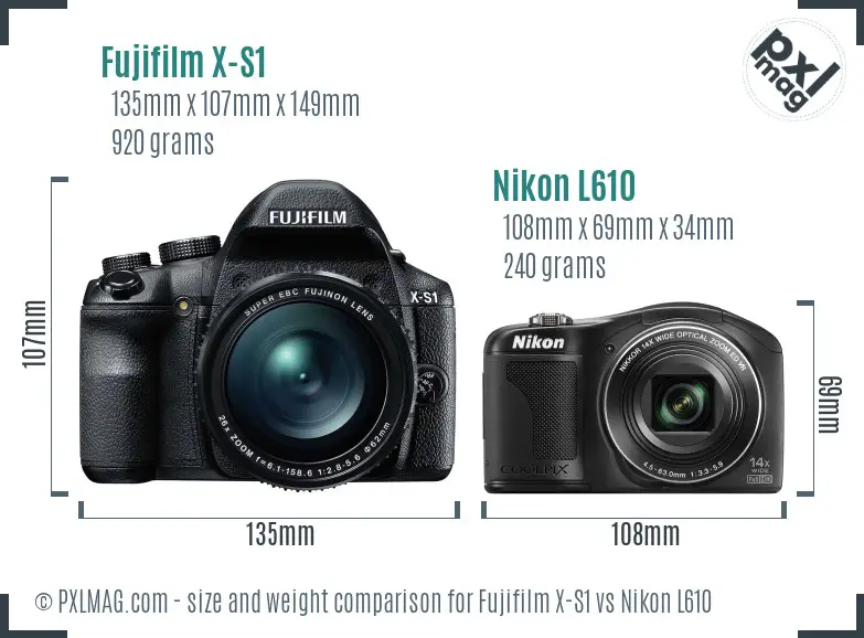 Fujifilm X-S1 vs Nikon L610 size comparison