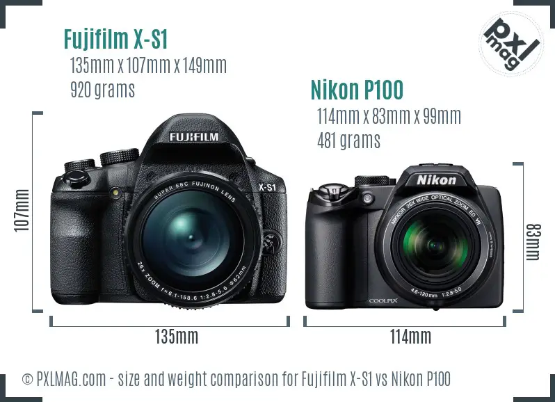 Fujifilm X-S1 vs Nikon P100 size comparison Fujifilm X-S1 vs Nikon P100 size comparison