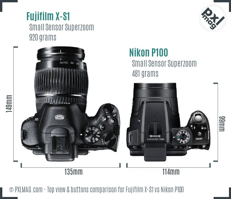 Fujifilm X-S1 vs Nikon P100 top view buttons comparison