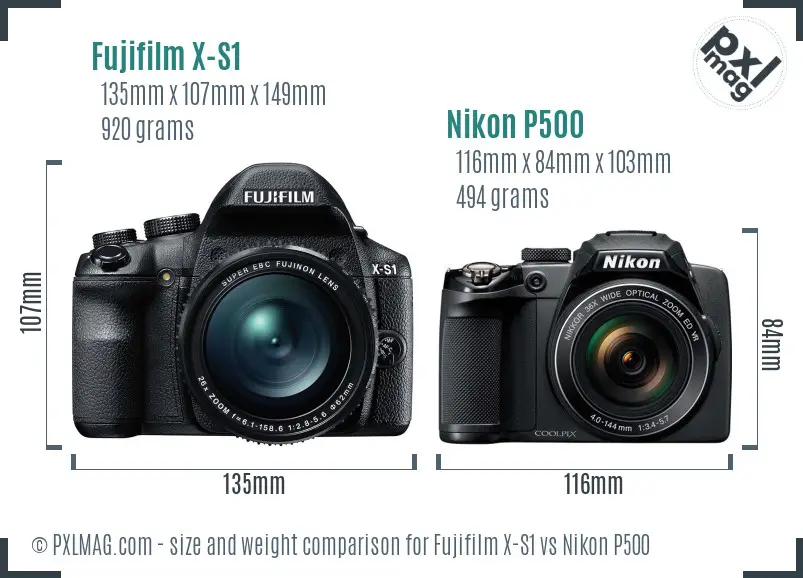 Fujifilm X-S1 vs Nikon P500 size comparison