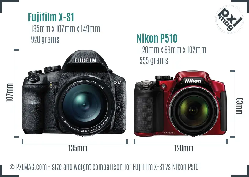 Fujifilm X-S1 vs Nikon P510 size comparison