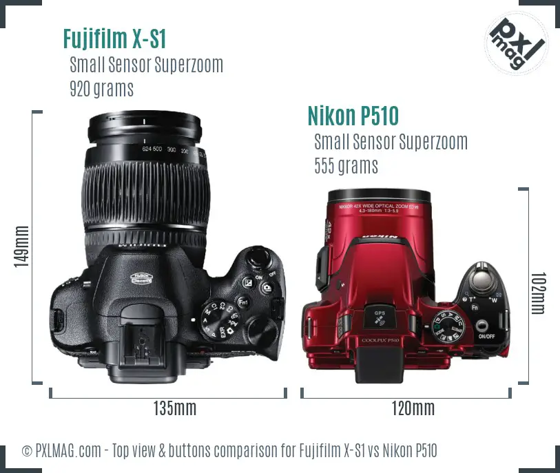 Fujifilm X-S1 vs Nikon P510 top view buttons comparison