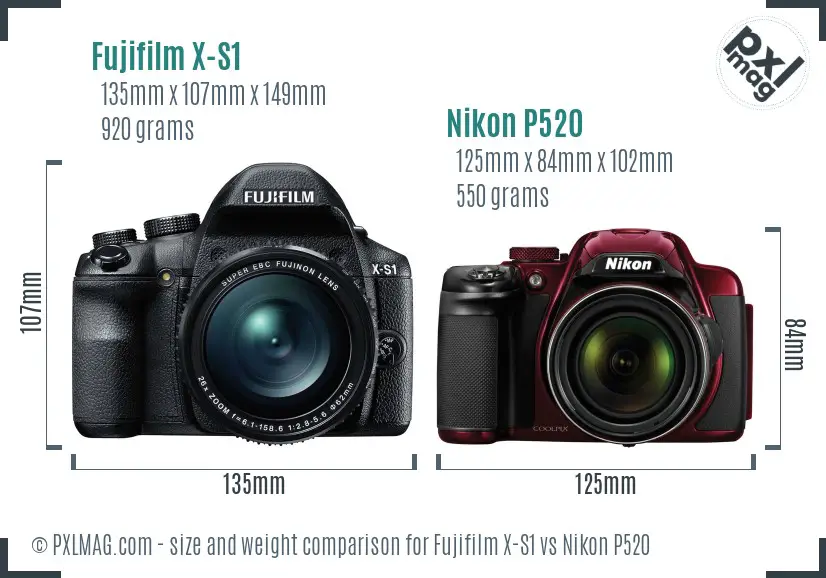 Fujifilm X-S1 vs Nikon P520 size comparison