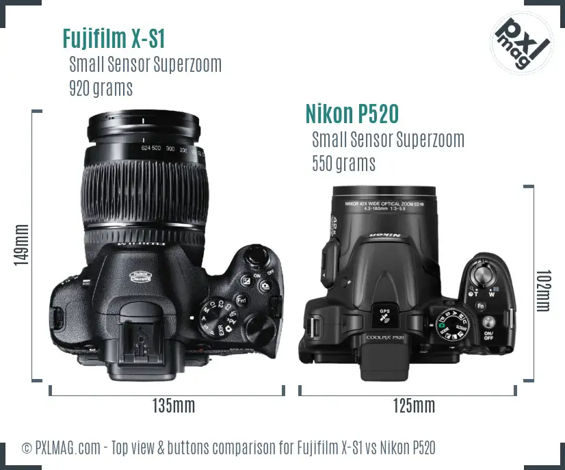 Fujifilm X-S1 vs Nikon P520 top view buttons comparison