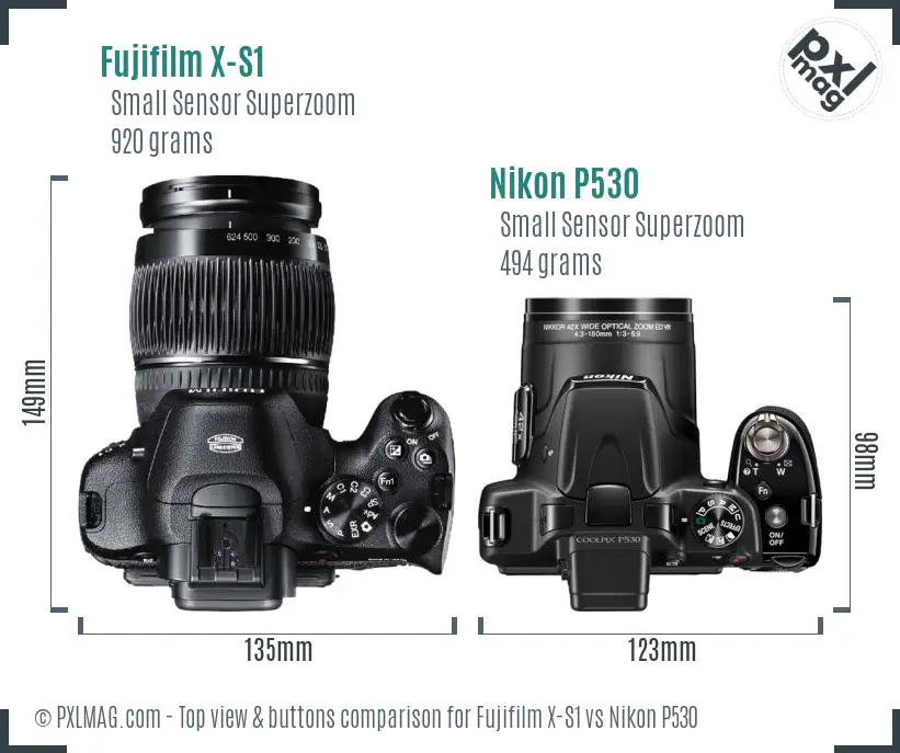 Fujifilm X-S1 vs Nikon P530 top view buttons comparison