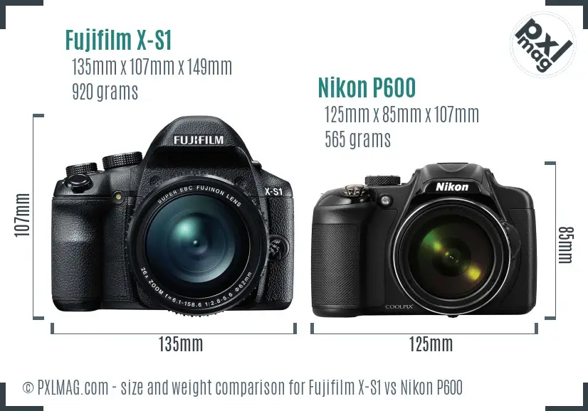 Fujifilm X-S1 vs Nikon P600 size comparison