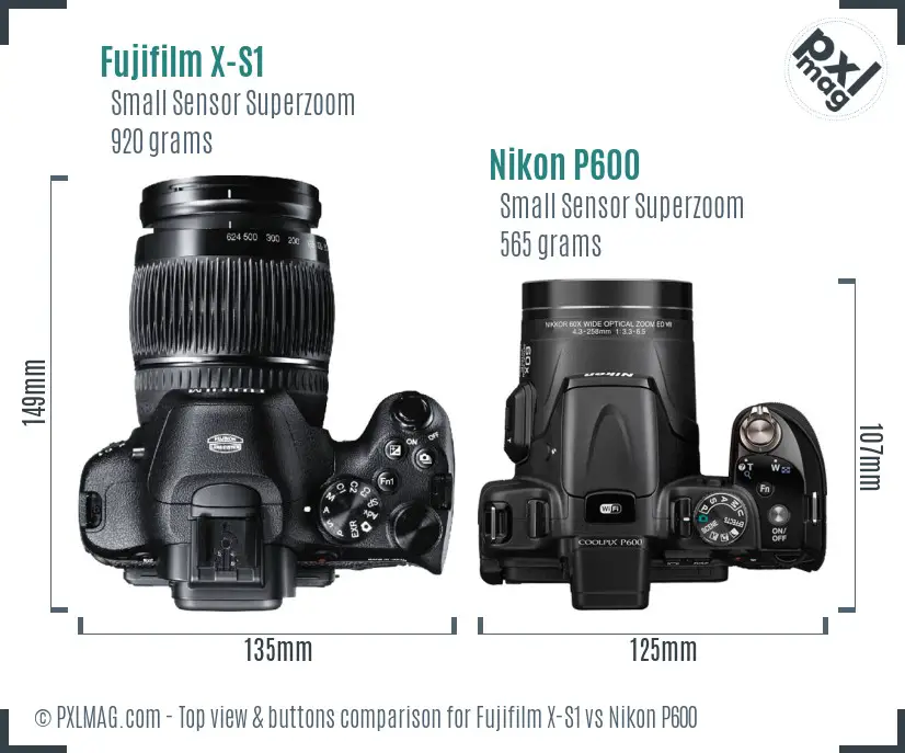 Fujifilm X-S1 vs Nikon P600 top view buttons comparison