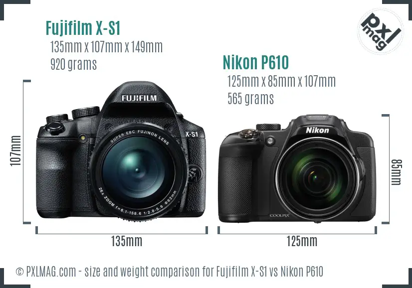 Fujifilm X-S1 vs Nikon P610 size comparison