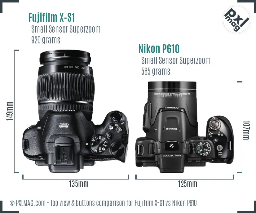 Fujifilm X-S1 vs Nikon P610 top view buttons comparison