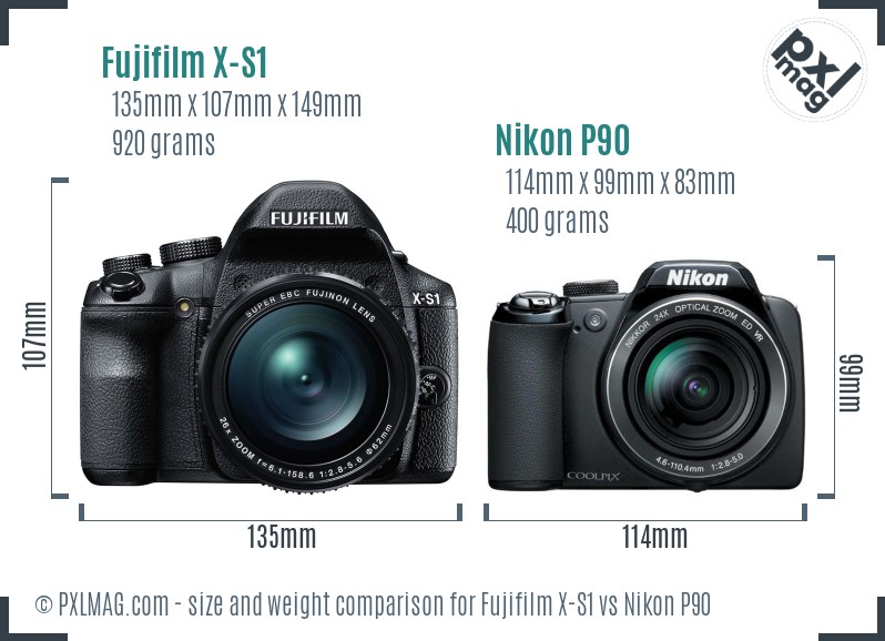 Fujifilm X-S1 vs Nikon P90 size comparison Fujifilm X-S1 vs Nikon P90 size comparison