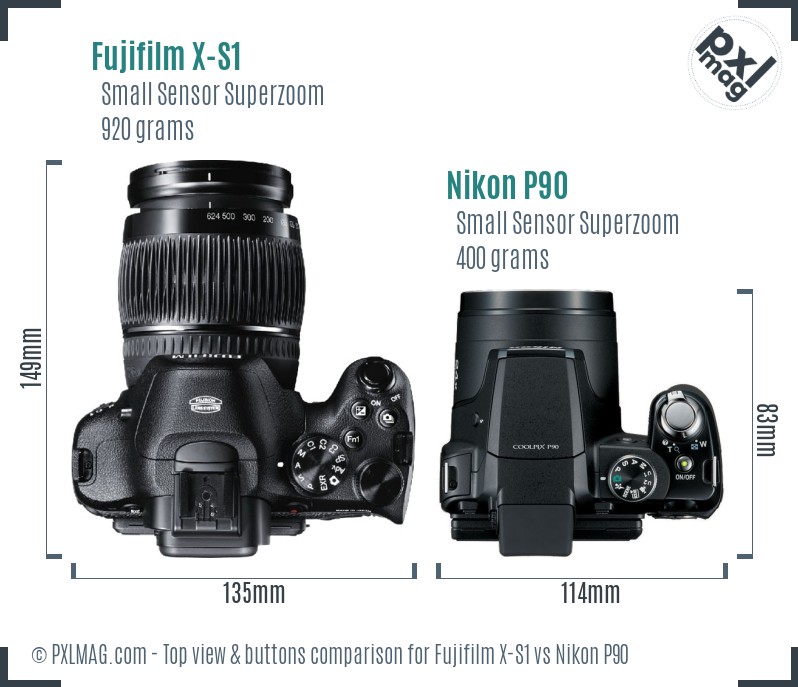 Fujifilm X-S1 vs Nikon P90 top view buttons comparison