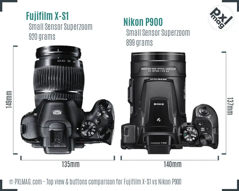 Fujifilm X-S1 vs Nikon P900 top view buttons comparison