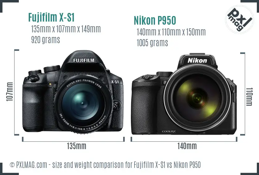 Fujifilm X-S1 vs Nikon P950 size comparison