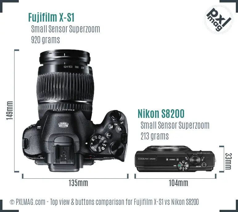 Fujifilm X-S1 vs Nikon S8200 top view buttons comparison