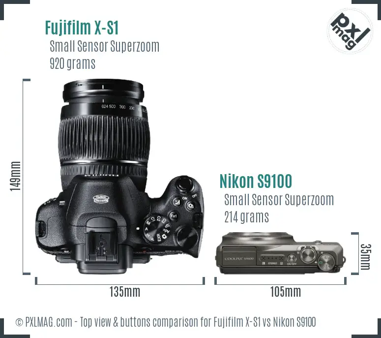 Fujifilm X-S1 vs Nikon S9100 top view buttons comparison