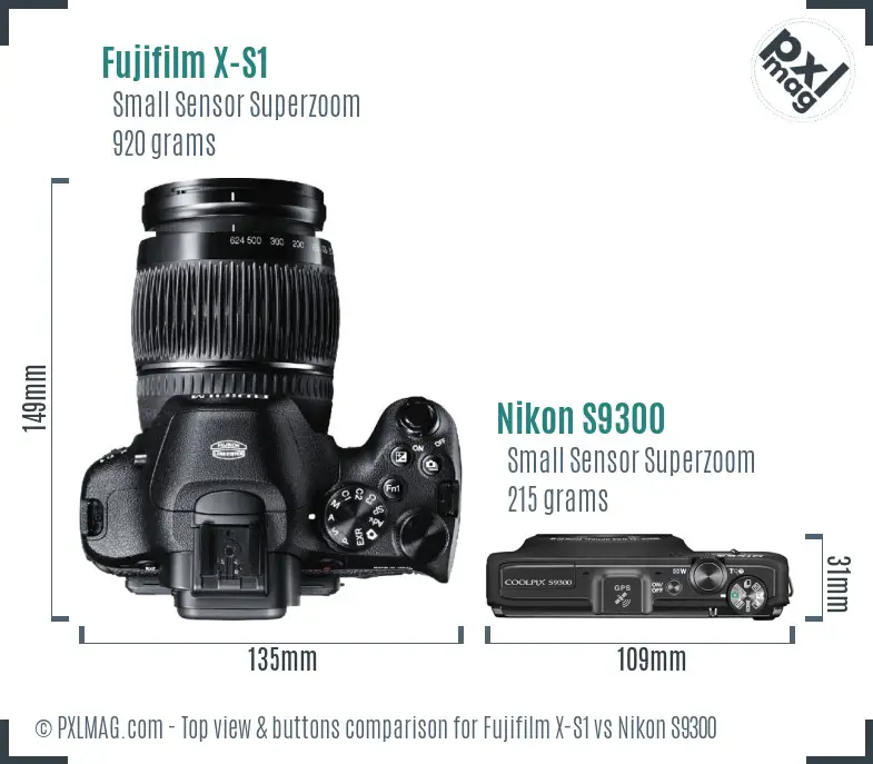Fujifilm X-S1 vs Nikon S9300 top view buttons comparison Fujifilm X-S1 vs Nikon S9300 top view buttons comparison
