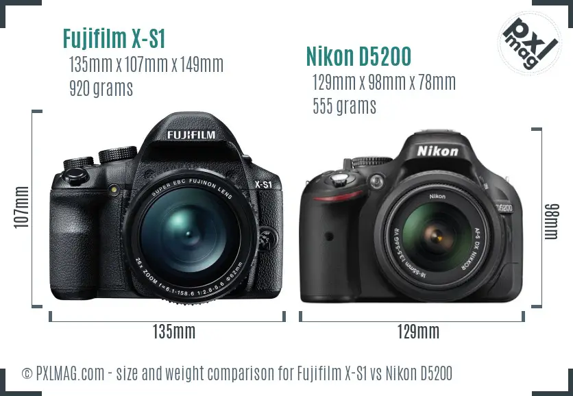 Fujifilm X-S1 vs Nikon D5200 size comparison