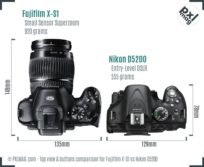 Fujifilm X-S1 vs Nikon D5200 top view buttons comparison