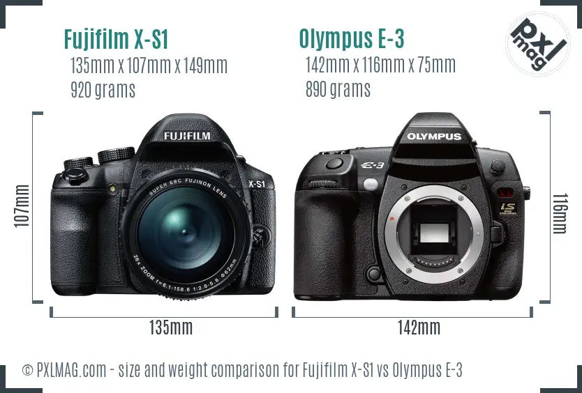 Fujifilm X-S1 vs Olympus E-3 size comparison