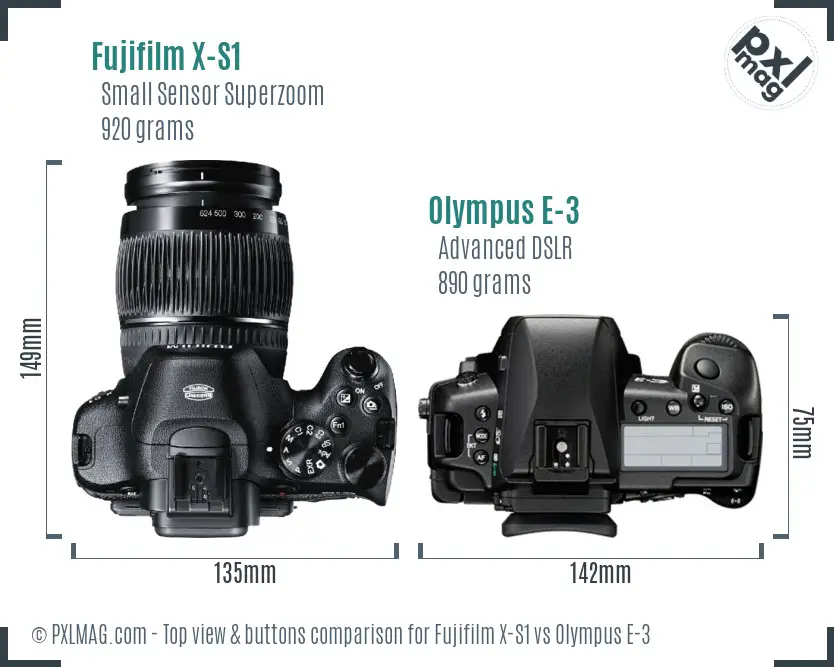 Fujifilm X-S1 vs Olympus E-3 top view buttons comparison
