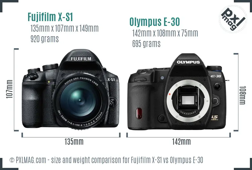 Fujifilm X-S1 vs Olympus E-30 size comparison