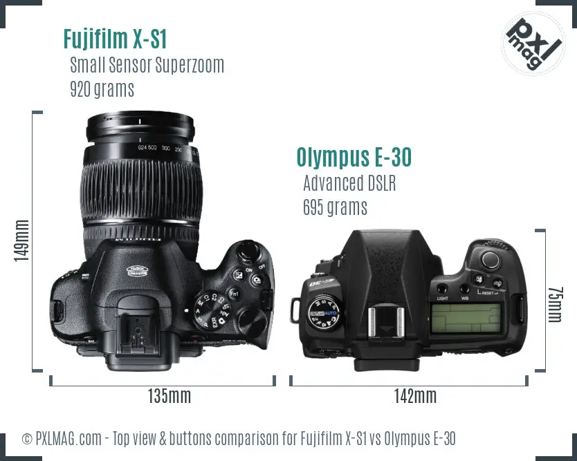 Fujifilm X-S1 vs Olympus E-30 top view buttons comparison