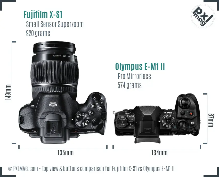 Fujifilm X-S1 vs Olympus E-M1 II top view buttons comparison