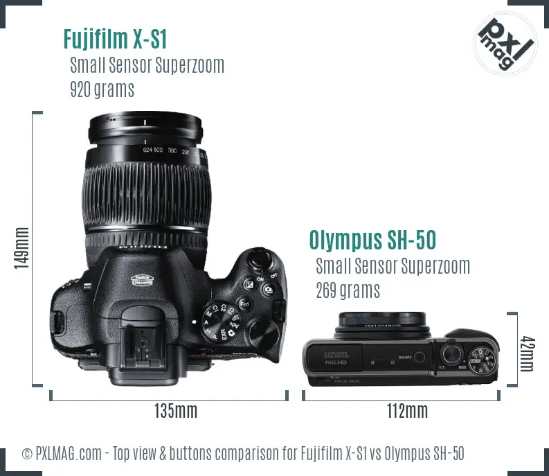 Fujifilm X-S1 vs Olympus SH-50 top view buttons comparison