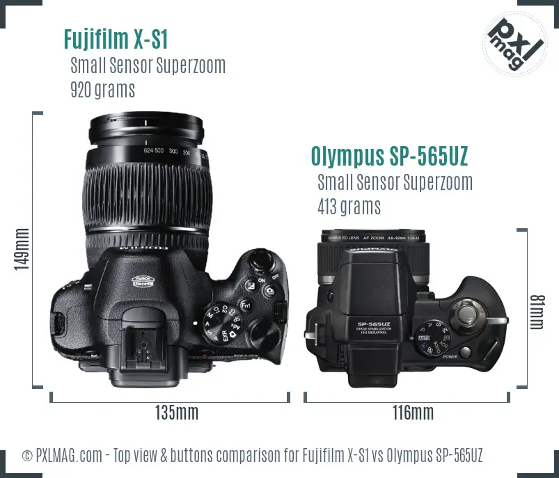 Fujifilm X-S1 vs Olympus SP-565UZ top view buttons comparison