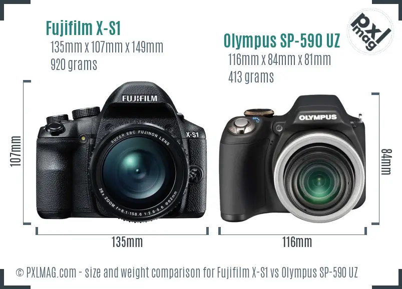 Fujifilm X-S1 vs Olympus SP-590 UZ size comparison