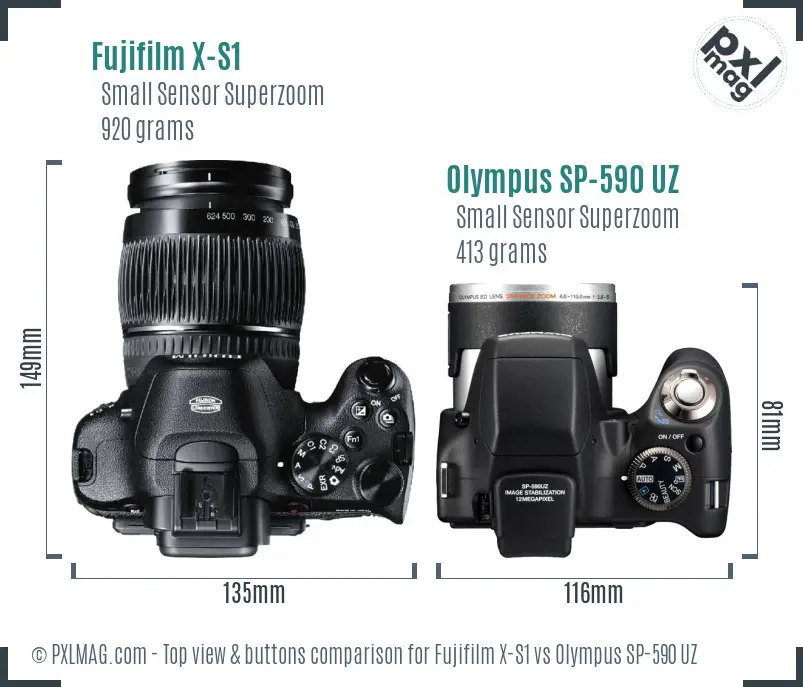 Fujifilm X-S1 vs Olympus SP-590 UZ top view buttons comparison