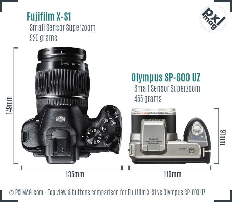 Fujifilm X-S1 vs Olympus SP-600 UZ top view buttons comparison