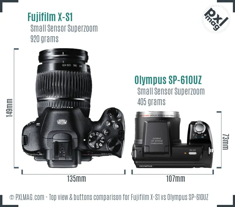 Fujifilm X-S1 vs Olympus SP-610UZ top view buttons comparison