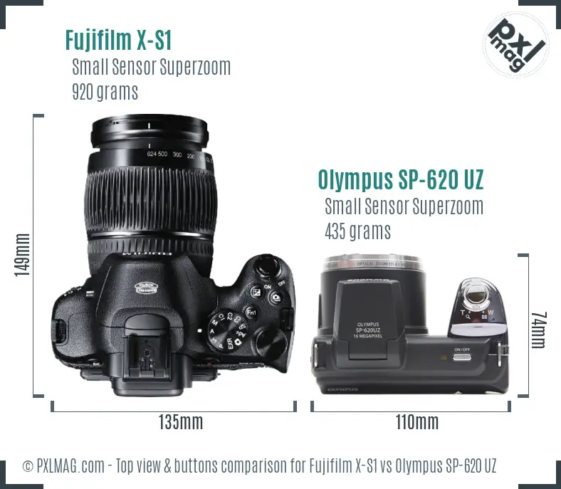 Fujifilm X-S1 vs Olympus SP-620 UZ top view buttons comparison