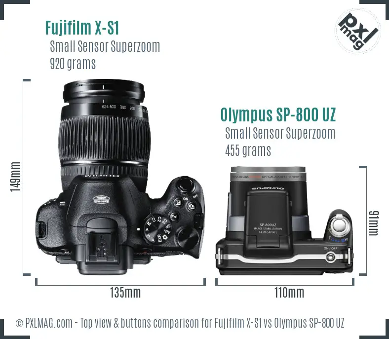 Fujifilm X-S1 vs Olympus SP-800 UZ top view buttons comparison